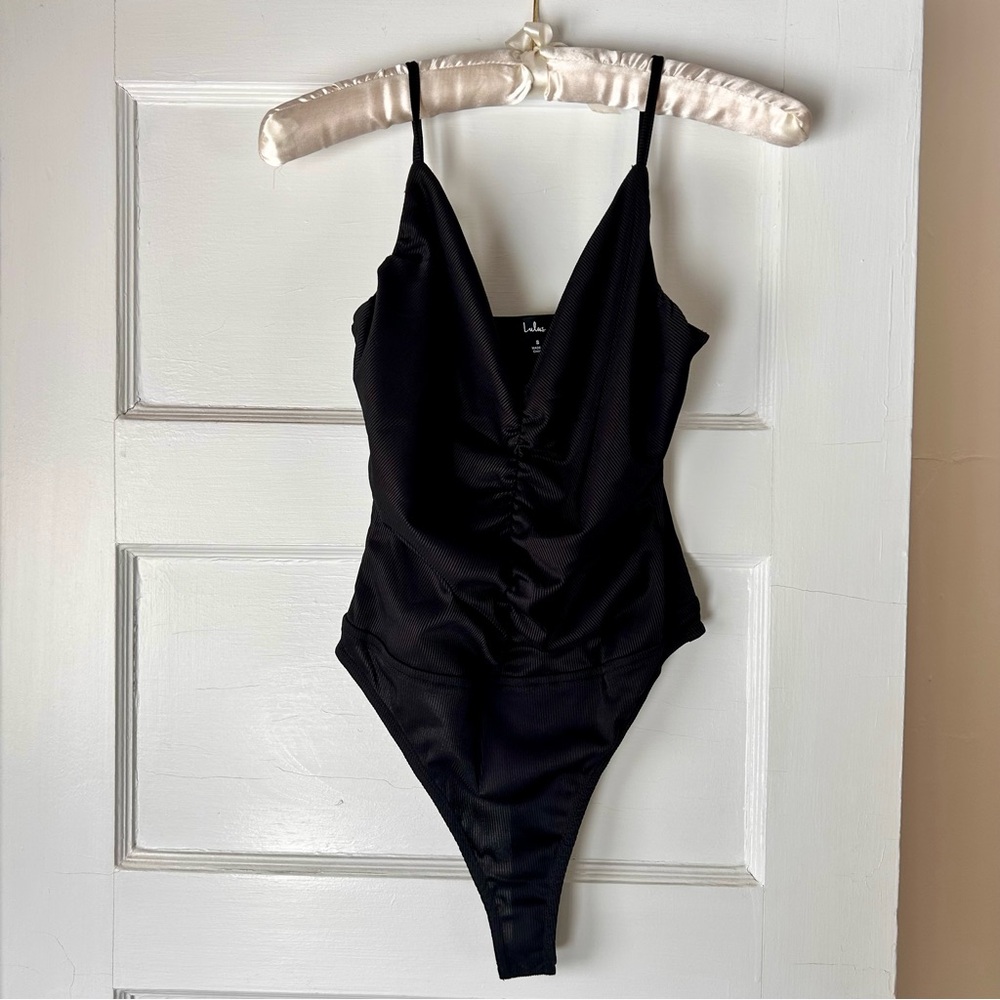 Lulus bodysuit Black Ribbed Gathered Tank Size Small